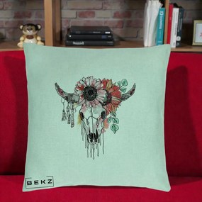 Perna Decorativa Craniu Boho Floral, 40x40 cm, Verde Menta, Husa Detasabila, Perna Inclusa, BEKZ®