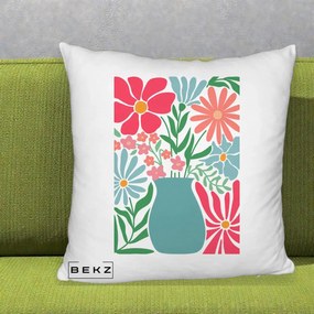Perna Decorativa Flori in Vaza Turcoaz, 40x40 cm, Alb Pufos, Husa Detasabila, Perna Inclusa, BEKZ®