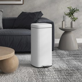 HOMCOM Coș de gunoi de bucătărie 30L cu capac cu închidere moale și pedale, găleată interioară detașabilă, 28L x 35l x 63,5H cm, alb | Aosom Romania