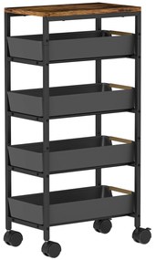 HOMCOM Carucior de Bucătărie de 5 Nivele Carucior Auxiliar cu Roți Tablou Efect Lemn Sertare Extrase 39,5x24x82 cm Negru | Aosom Romania