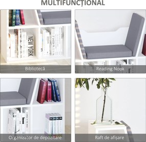 HOMCOM Bibliotecă 2 în 1 cu Perne Confortabile și 6 Compartimente, Mobilier Multifuncțional pentru Cărți și Jocuri, Raft cu 6 Cuburi pentru Sufragerie, Dormitor și Birou, 102x30x61 cm, Alb | Aosom Romania