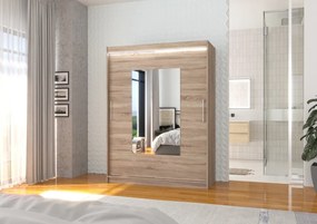 Dulap cu usi glisante si oglinda + iluminare LED, Dorrigo 150 + LED, 150 cmx200 cmx58 cm, ADRK Furniture (Culoare: Ciocolata)