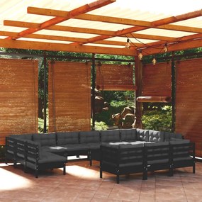 3097293 vidaXL Set mobilier de grădină cu perne, 14 piese, negru, lemn de pin
