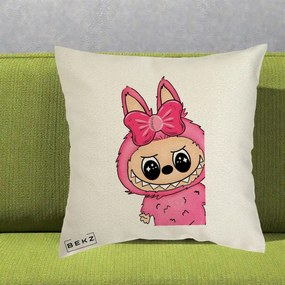 Perna Personalizata Labubu Roz cu Funda, 40x40 cm, Ecru, Husa Detasabila, Perna Inclusa, BEKZ®