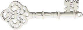 Suport pentru chei shabby chic din metal, alb, în formă de cheie, cu 3 cârlige, finisaj antichizat, 6,5 x 19 x 3,5 cm, „Clef”