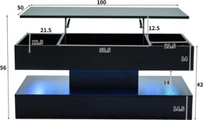 Masă de cafea modernă cu iluminare LED și spațiu de depozitare ascuns, măsuță laterală cu sistem hidraulic de ridicare, 100x50x42 cm, Negru