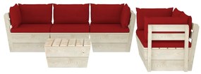 Set mobilier gradina din paleti, 6 piese, cu perne, lemn molid Bordo, 4x colt + mijloc + masa, 1