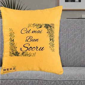 Cadou pentru Socru - Perna Personalizata Cel mai Bun Socru cu Flori Albastre Acuarela, 40x40 cm, Galben, Husa Detasabila, Perna Inclusa, BEKZ®