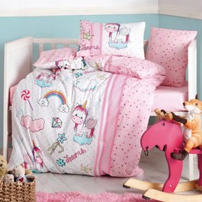 Lenjerie de pat pentru copii Cotton Box 129CTN3020, 4 piese, Bumbac Ranforce, Plic 100x150, Cearsaf 120x150, 2 fete de perna, Roz