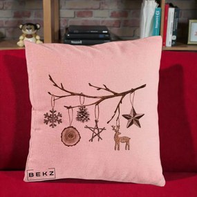 Perna Decorativa Ornamente de Lemn pe Ramura, 40x40 cm, Roz, Husa Detasabila, Perna Inclusa, BEKZ®
