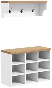 HOMCOM Set mobilier pentru hol 2-în-1 cuier de perete băncuță pentru încălțăminte 3 cârlige și 9 nișe 75x30x50cm alb și stejar | Aosom Romania