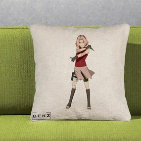 Perna Personalizata Naruto Sakura Haruno Portret, 40x40 cm, Bej Canapea, Husa Detasabila, Perna Inclusa, BEKZ®