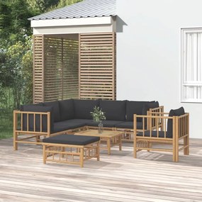Set mobilier de gradina cu perne gri inchis, 8 piese, bambus