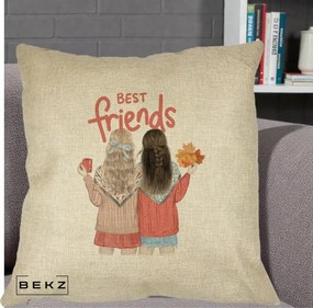 Cadou pentru Prieteni - Perna Personalizata Best Friends Toamna, 40x40 cm, Crem, Husa Detasabila, Perna Inclusa, BEKZ®