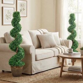 HOMCOM Set 2 plante artificiale buxus spiralate, 120 cm, cu ghiveci inclus, pentru decor interior și exterior, verde | Aosom Romania