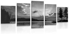 Tablou 5-piese reflexie lacului de munte în design alb-negru