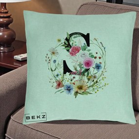 Cadou Personalizat - Perna Personalizata Monogram Litera S cu Flori Acuarela, 40x40 cm, Verde Menta, Husa Detasabila, Perna Inclusa, BEKZ®