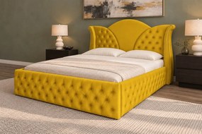 Pat tapițat Chesterfield din catifea Velora Deluxe Classic 160×200 cm, galben muștar, cu ladă de depozitare