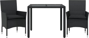 vidaXL Set mobilier de grădină cu perne 3 piese negru poliratan&sticlă