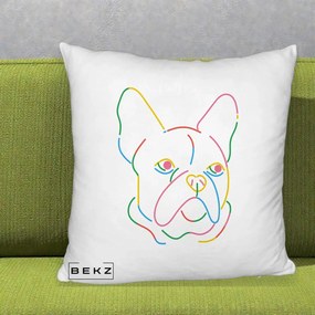 Perna Decorativa Bulldog Francez Line Art Curcubeu, 40x40 cm, Alb Pufos, Husa Detasabila, Perna Inclusa, BEKZ®