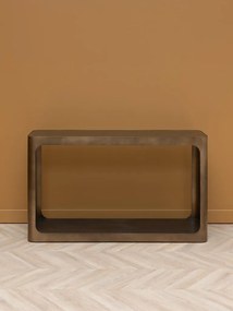 Consolă metalică cu raft din sticlă, formă rotunjită, finisaj auriu antichizat, 76x40x130 cm, „Lexton"