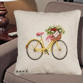 Perna Decorativa Bicicleta Galbena cu Cos de Flori Primavara, 40x40 cm, Bej Canapea, Husa Detasabila, Perna Inclusa, BEKZ®