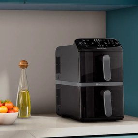 Friteuza verticala dubla cu aer cald Philips Dual Stack 4000 NA460/00, 2750 W, 10 l, 13 programe, 40-220°C, Sincronizare, Acoperire ceramică fara PFAS, Fereastra, Negru