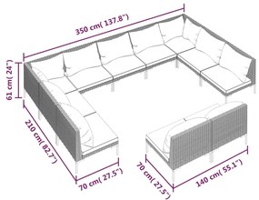 Set mobilier de gradina cu perne 11 piese,gri inchis, poliratan 2x colt + 9x mijloc, 1