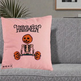 Perna Decorativa Halloween Schelet cu Cap de Dovleac Powerlifting, 40x40 cm, Roz, Husa Detasabila, Perna Inclusa, BEKZ®
