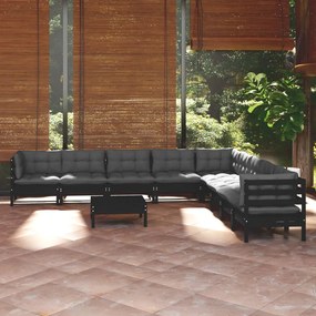 3096825 vidaXL Set mobilier de grădină cu perne 10 piese negru lemn masiv pin
