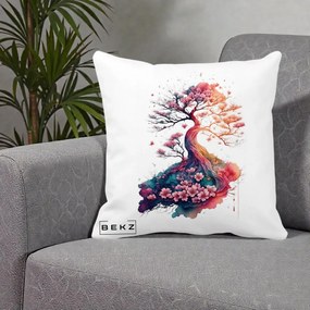 Perna Decorativa Copac Sakura Acuarela Fantasy, 40x40 cm, Alba Mata, Husa Detasabila, Perna Inclusa, BEKZ®
