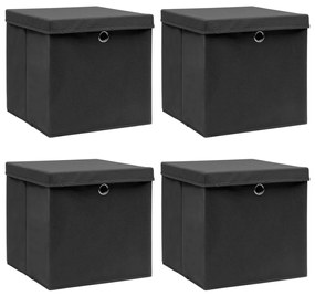Cutii depozitare cu capace, 4 buc., negru, 32x32x32 cm, textil Negru cu capace, 4, 1, Negru cu capace