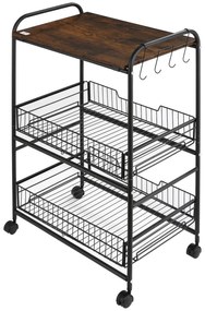 HOMCOM Cărucior Auxiliar cu Roți de 3 Nivele Cărucior de Bucătărie cu 2 Coșuri și 4 Cârlige 60x38x85,5 cm Maro Rustic | Aosom Romania