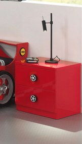 Noptieră pentru copii Monza roșie din MDF cu 2 sertare soft-close și mânere în formă de roți – Vipack