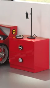 Noptieră pentru copii Monza roșie din MDF cu 2 sertare soft-close și mânere în formă de roți – Vipack