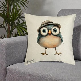 Perna Decorativa Pui cu Palarie Rotunda, 40x40 cm, Ecru, Husa Detasabila, Perna Inclusa, BEKZ®