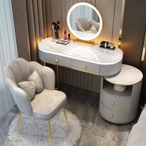 RESIGILAT Set ALEGRIA, Masă de toaletă pentru machiaj cu margini iluminate LED, oglindă iluminată LED, control touch, 4 sertare, scaun, Gri