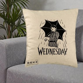 Perna Personalizata Wednesday cu Umbrela Ploaie Lineart, 40x40 cm, Bej, Husa Detasabila, Perna Inclusa, BEKZ®