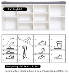 HOMCOM Bancheta Pantofar cu Rafturi Reglabile, Mobilier Hol din Lemn, Alb și Gri, 104x30x48cm | Aosom Romania