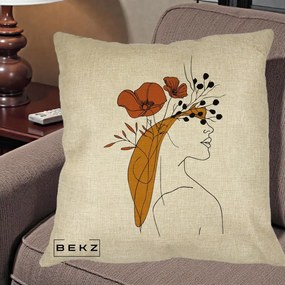 Perna Decorativa Portret Feminin Maci Rosii Auriu, 40x40 cm, Crem, Husa Detasabila, Perna Inclusa, BEKZ®