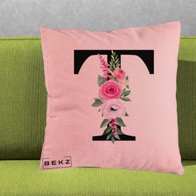 Cadou Personalizat - Perna Personalizata Monograma Florala Litera T, 40x40 cm, Roz, Husa Detasabila, Perna Inclusa, BEKZ®