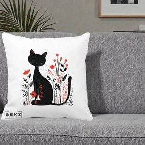 Perna Decorativa Pisica Neagra Flori Rosii Folk Minimal, 40x40 cm, Alba Mata, Husa Detasabila, Perna Inclusa, BEKZ®