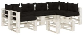 Set mobilier gradina din paleti cu perne negre, 7 piese, lemn Alb si negru, 1