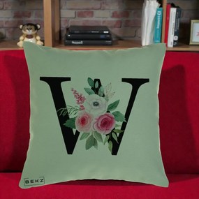 Cadou Personalizat - Perna Personalizata Monograma Florala Litera W cu Trandafiri si Anemona, 40x40 cm, Verde, Husa Detasabila, Perna Inclusa, BEKZ®