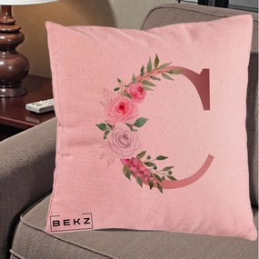 Cadou Personalizat - Perna Personalizata Monograma Rose Gold Litera C, 40x40 cm, Roz, Husa Detasabila, Perna Inclusa, BEKZ®