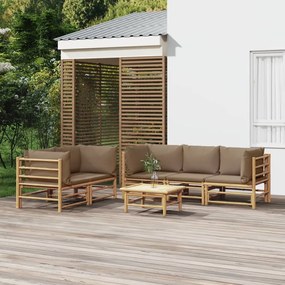 Set mobilier de gradina cu perne gri taupe, 6 piese, bambus