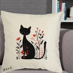 Perna Decorativa Pisica Neagra Flori Rosii Folk Minimal, 40x40 cm, Ecru, Husa Detasabila, Perna Inclusa, BEKZ®