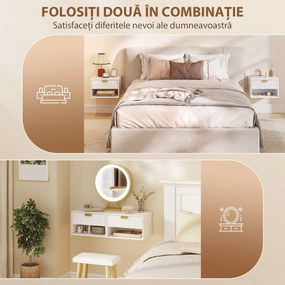 HOMCOM Set de 2 Noptiere Suspendate cu Sertar Decorat și Raft Deschis, Alb | Aosom Romania