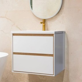 Dulap baza suspendat Rune Dagaz 2 sertare 59 cm alb-lemn lucios