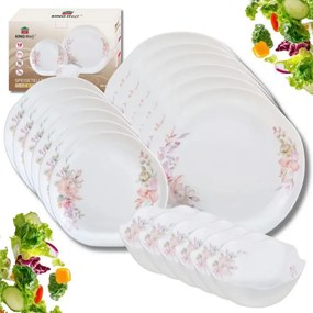 Set de masă Kinghoff KH 2035, 18 piese, pentru 6 persoane, sticlă opală, motiv floral, alb